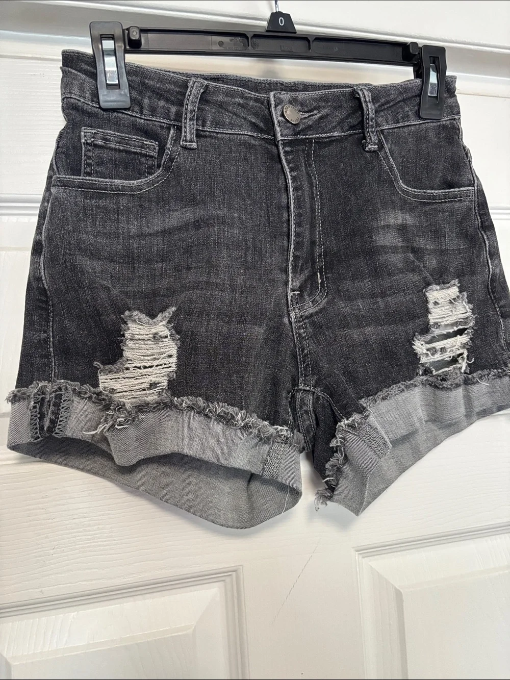 Distressed Black/gray denim shorts